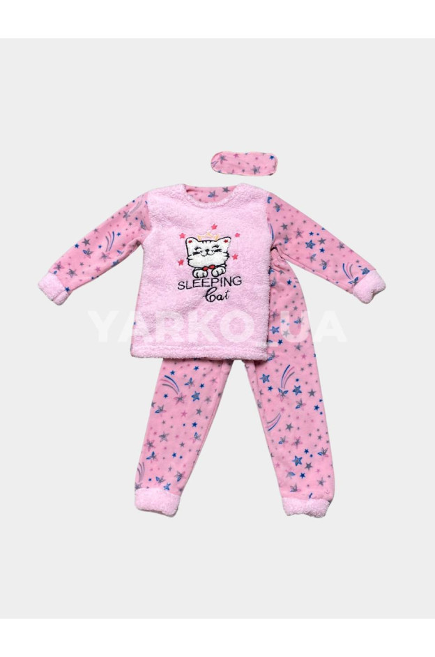 Піжама для дівчинки на зиму 1362 велсофт рожевий sleeping Cat 110(р)