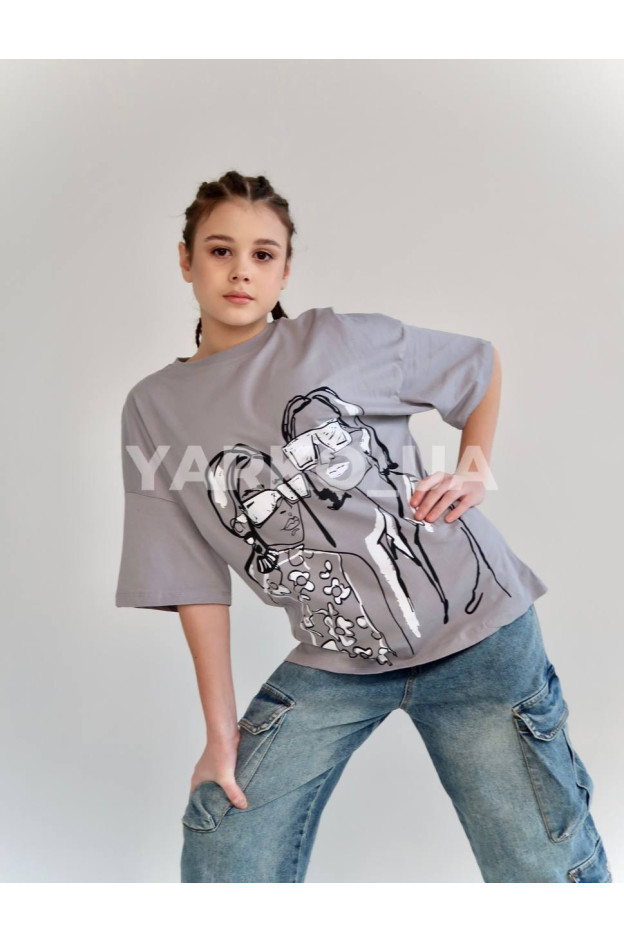 Футболка HAYKIDS для дівчат на літо 2590 з котону сіра Дівчата 128(р)
