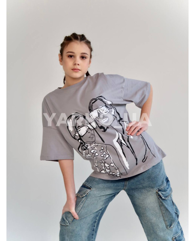 Футболка HAYKIDS для дівчат на літо 2590 з котону сіра Дівчата 128(р)