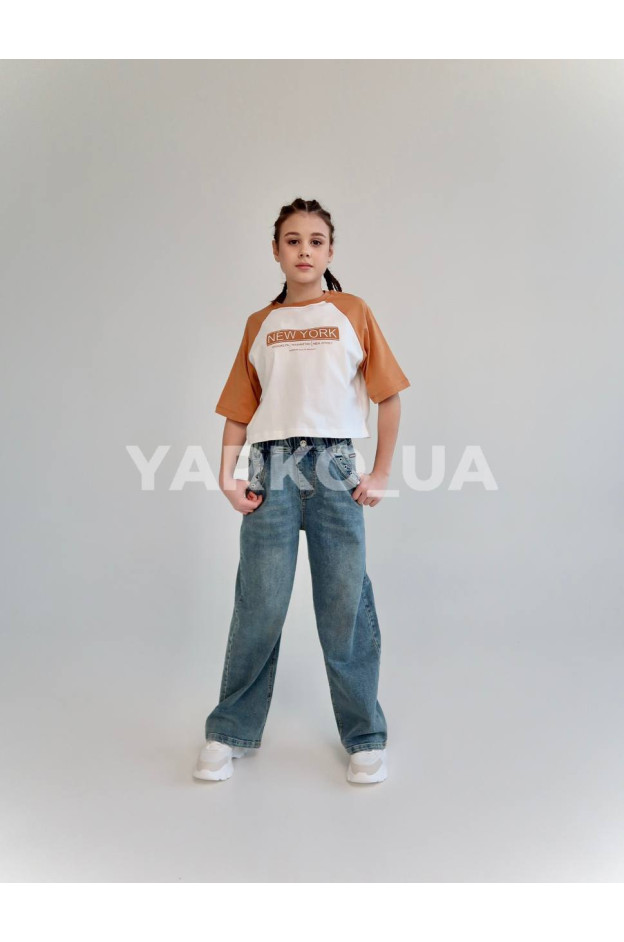Футболка-топ HAYKIDS для дівчат на літо 2613 з котону білий/гірчиця New York 116(р)