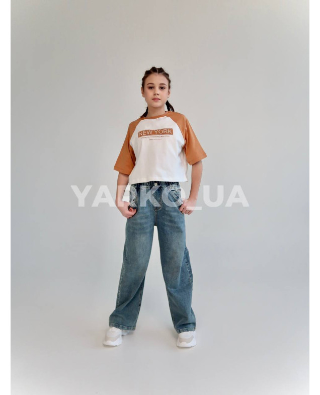 Футболка-топ HAYKIDS для дівчат на літо 2613 з котону білий/гірчиця New York 116(р)