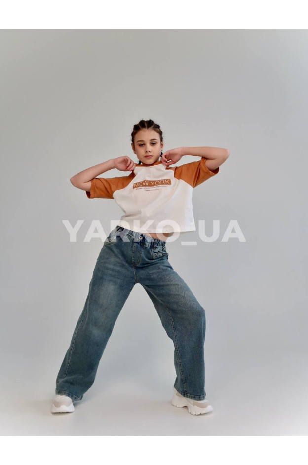 Футболка-топ HAYKIDS для дівчат на літо 2613 з котону білий/гірчиця New York 116(р)
