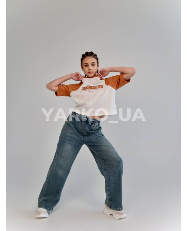 Футболка-топ HAYKIDS для дівчат на літо 2613 з котону білий/гірчиця New York 116(р)
