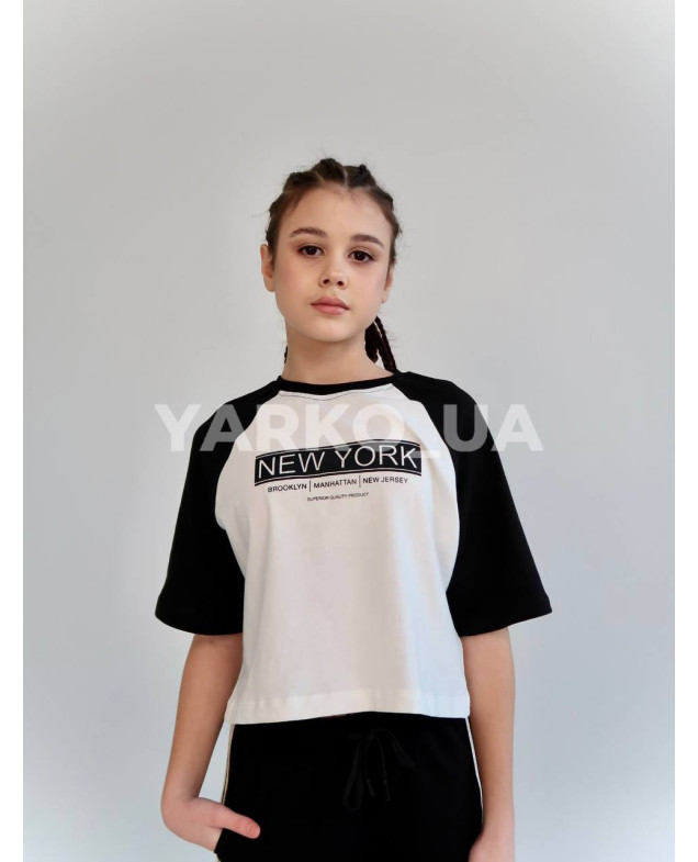 Футболка-топ HAYKIDS для дівчат на літо 2613 з котону білий/гірчиця New York 116(р)