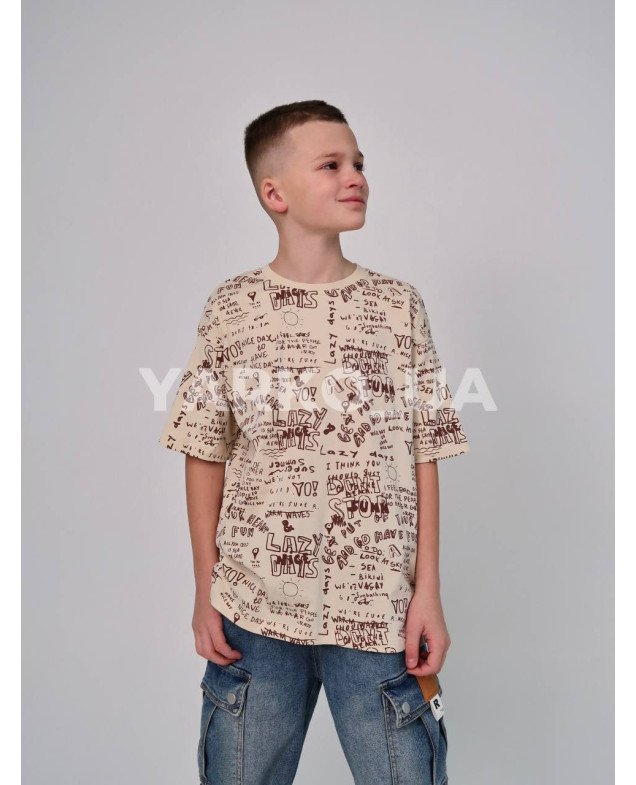 Футболка HAYKIDS літо uni.1257 котон  Lazy days бежевий 134(р) 