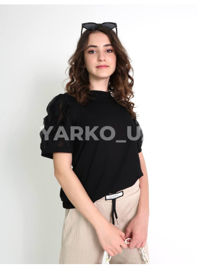Футболка для дівчат на літо 80342 котон чорний волан-ліхтарик 130(р)