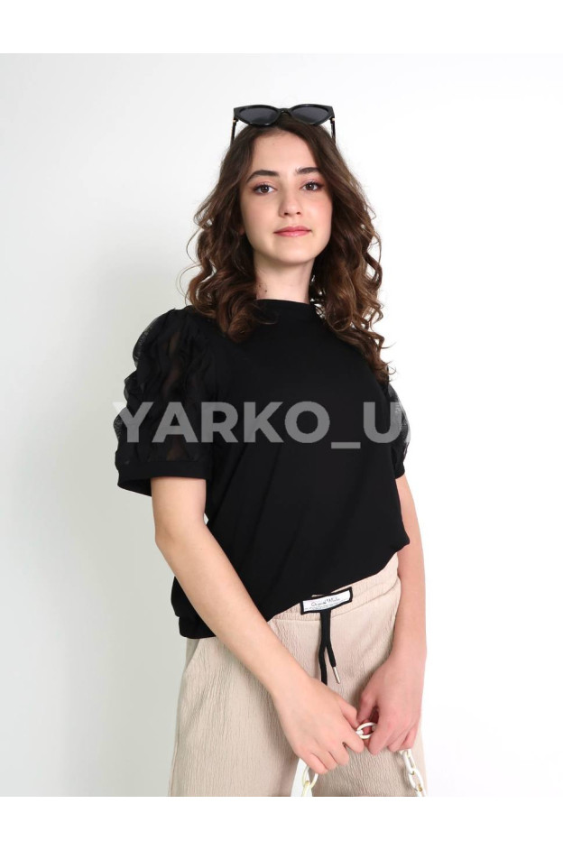 Футболка для дівчат на літо 80342 котон чорний волан-ліхтарик 130(р)