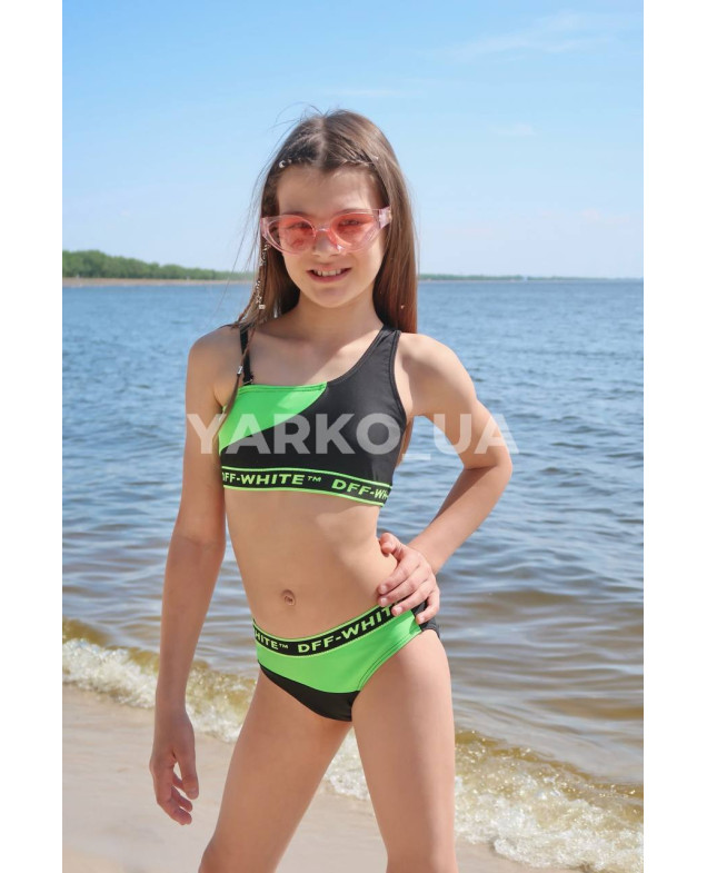 Купальник Look-Fashion для дівчаток на літо M21002 нейлон чорний/салатовий DF-WHITE роздільний 134(р)