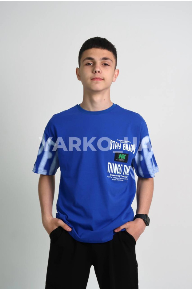 Футболка MAGO для хлопчиків на літо 24-4223 котон синій STAY ENJOY 140(р)