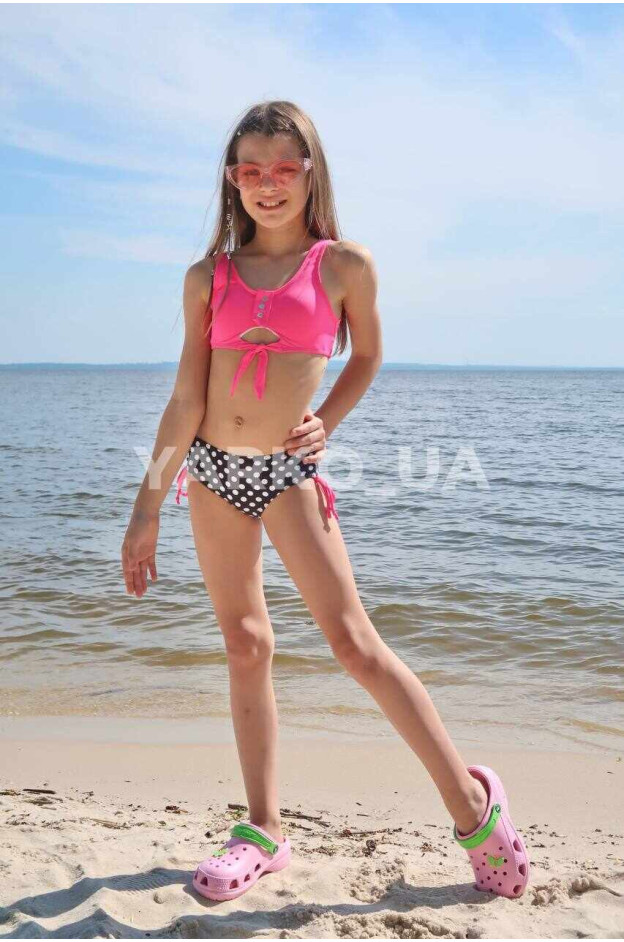 Купальник Look-Fashion для дівчаток на літо LJ3240 поліамід рожевий/чорний горох 134(р)