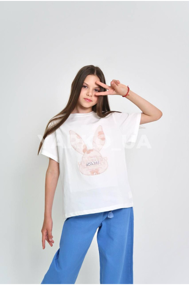 Футболка для дівчаток на літо D9597 котон молочний Rabbits 130(р)