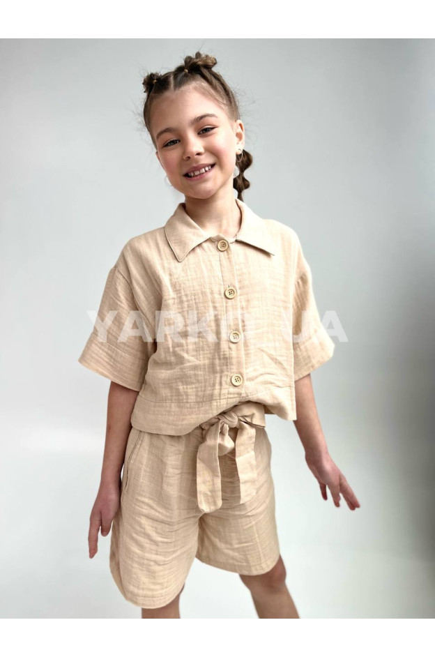 Костюм для дівчат 3509 з мусліну бежевий гудзики 128(р)