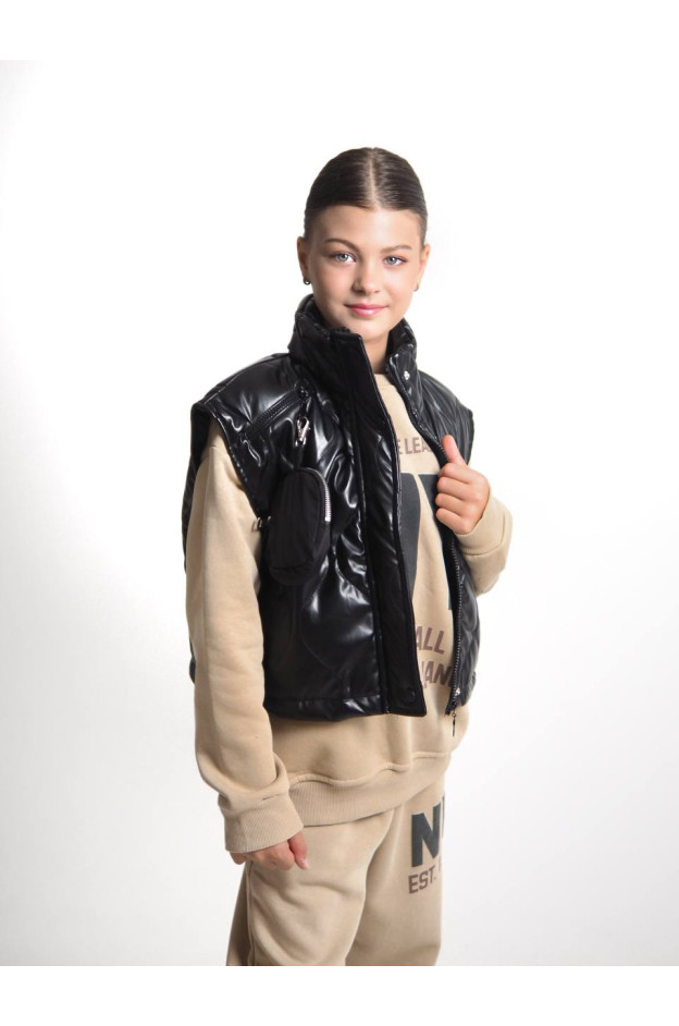 Жилет Mini Moda для дівчаток весна/осінь 3861 екошкіра/силікон чорний сумочка 128(р)