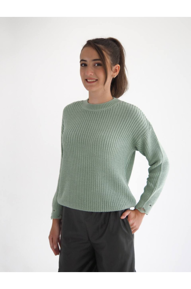 Светр Mini Moda для дівчаток весна/осінь 721S котон/акрил оливковий рванка 128(р)