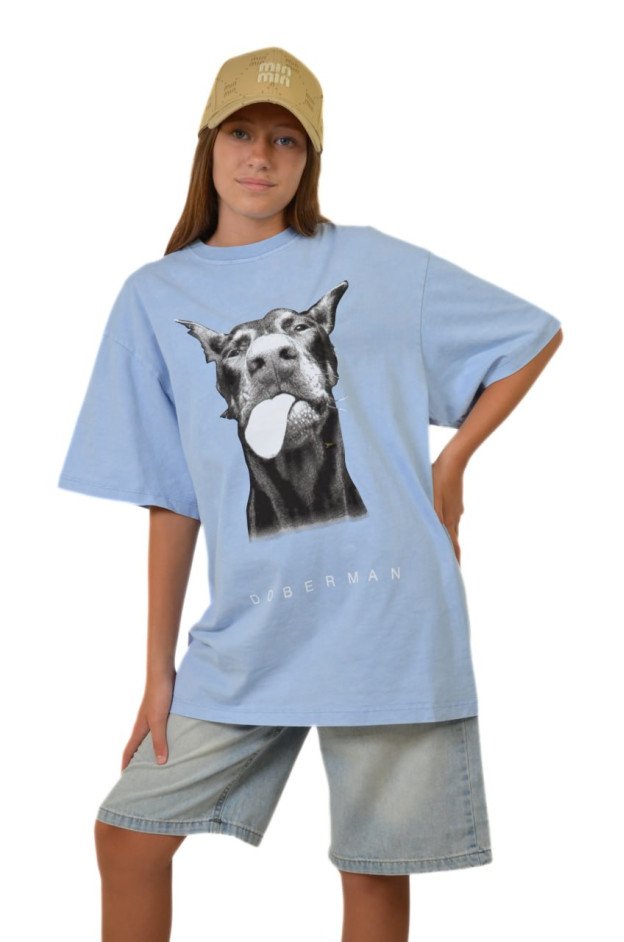 Футболка для дівчинки на літо TR014 котон блакитний DOBERMAN tongue one size(р) 