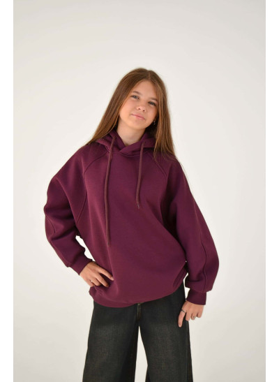 Худі для дівчинки на зиму 25WB128B котон/фліс сливовий oversize 146(р)