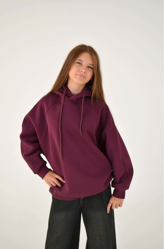Худі для дівчинки на зиму 25WB128B котон/фліс сливовий oversize 146(р)