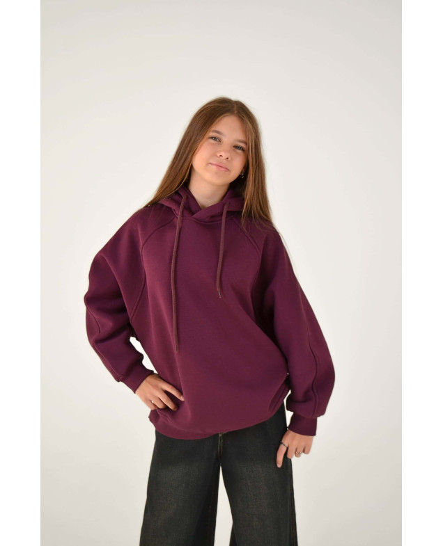 Худі для дівчинки на зиму 25WB128B котон/фліс сливовий oversize 146(р)