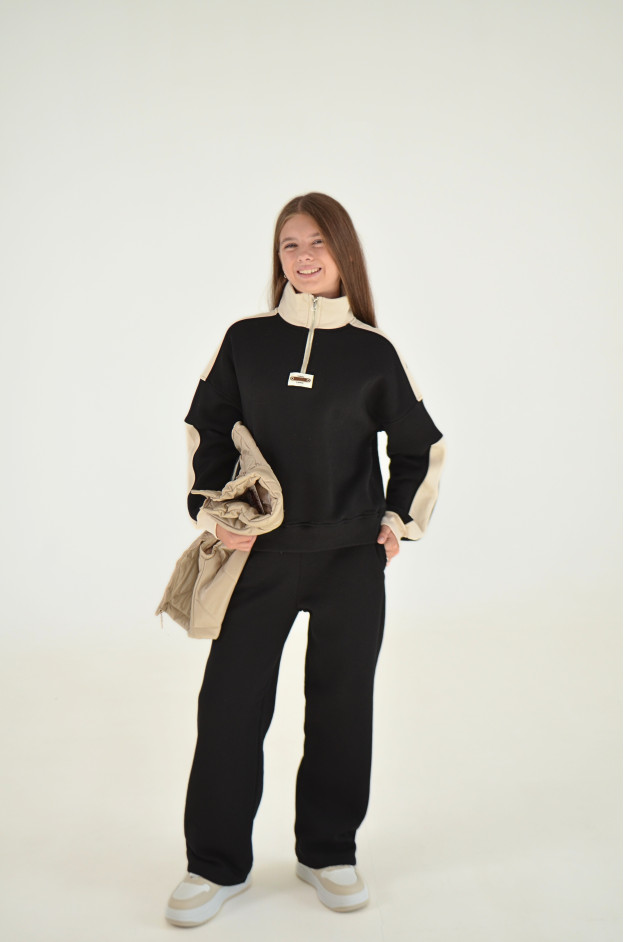 Костюм спорт для дівчинки на зиму 25WB086 котон/фліс чорний/лате Casual 146(р)