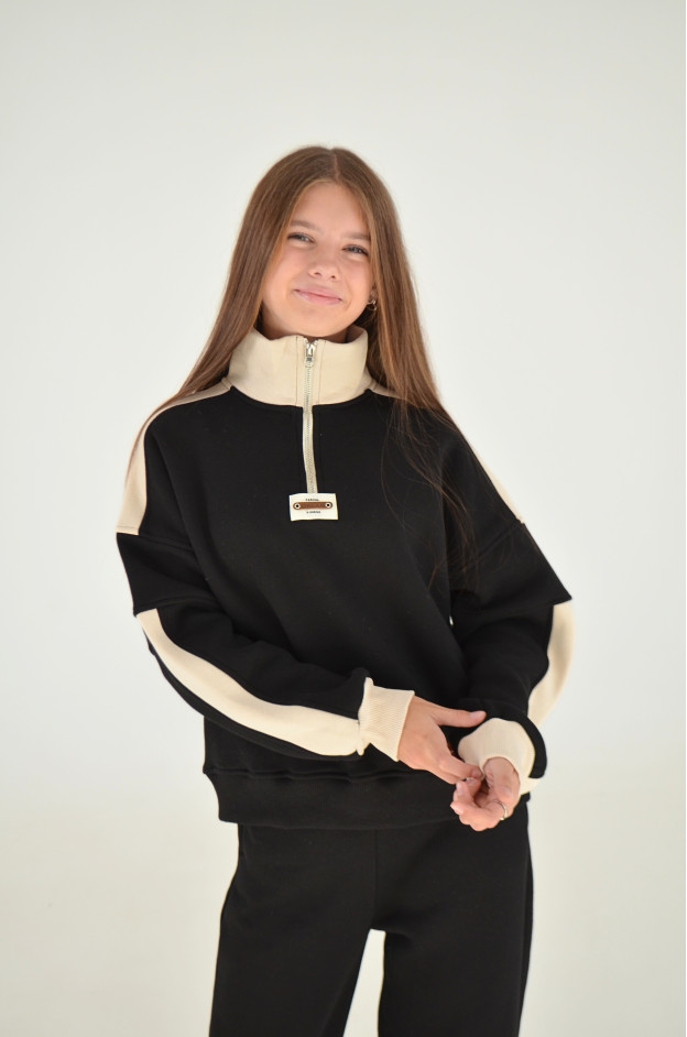 Костюм спорт для дівчинки на зиму 25WB086 котон/фліс чорний/лате Casual 146(р)