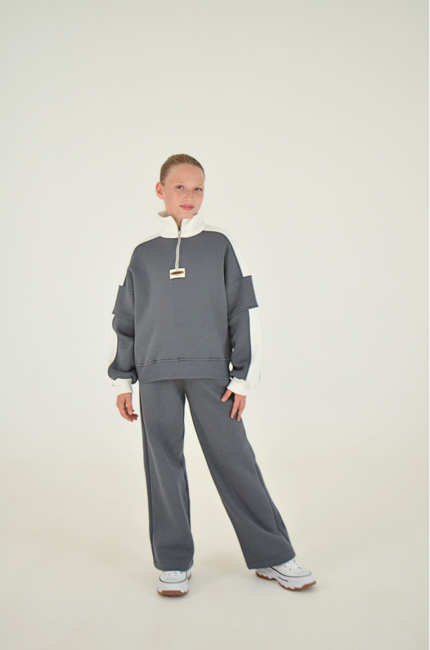 Костюм спорт для дівчинки на зиму 25WB086 котон/фліс сірий/білий Casual 140(р) 