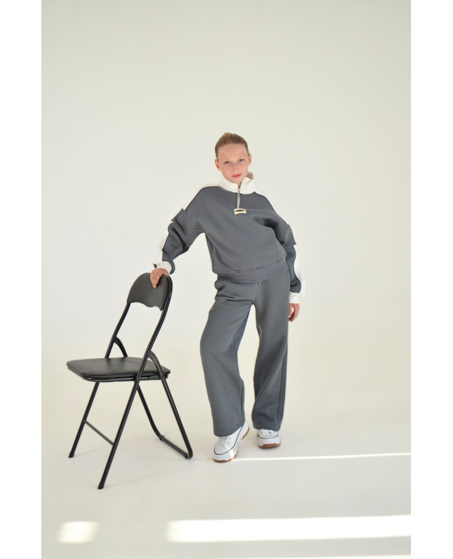 Костюм спорт для дівчинки на зиму 25WB086 котон/фліс сірий/білий Casual 140(р) 