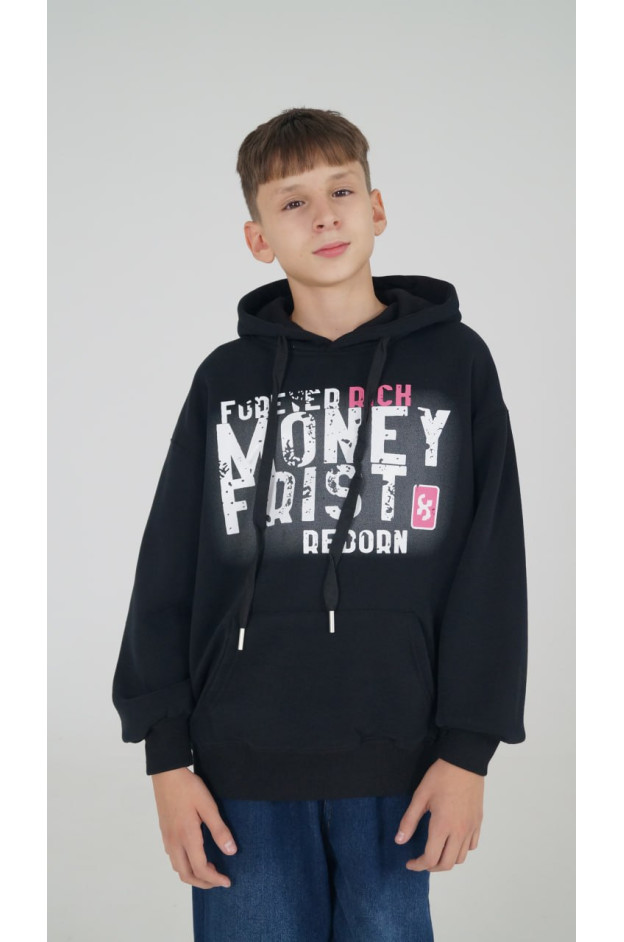 Худі для хлопчика на зиму 9604 котон/велюр чорний Money Frist 140(р)