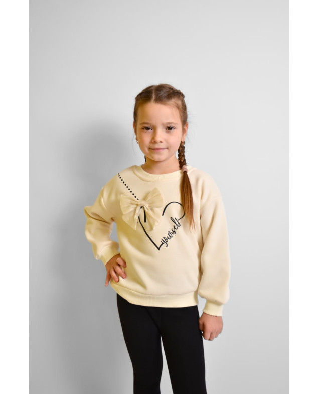 Світшот для дівчинки на зиму 98880 котон/велюр молочний з бантиком 120(р)