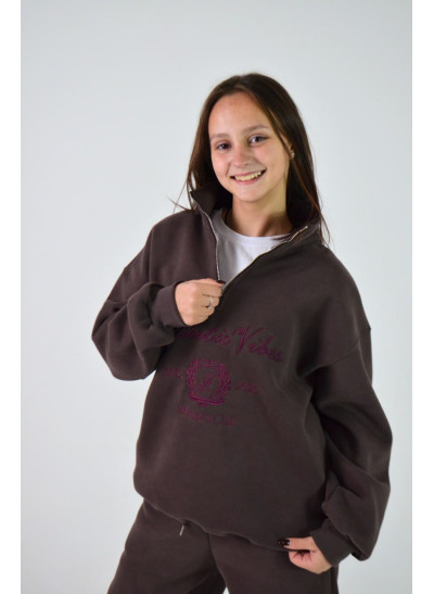 Костюм спорт для дівчинки на зиму 9366 котон/велюр шоколад/бордо Women's Club M(р) 