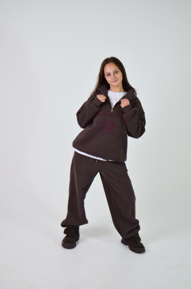 Костюм спорт для дівчинки на зиму 9366 котон/велюр шоколад/бордо Women's Club M(р) 