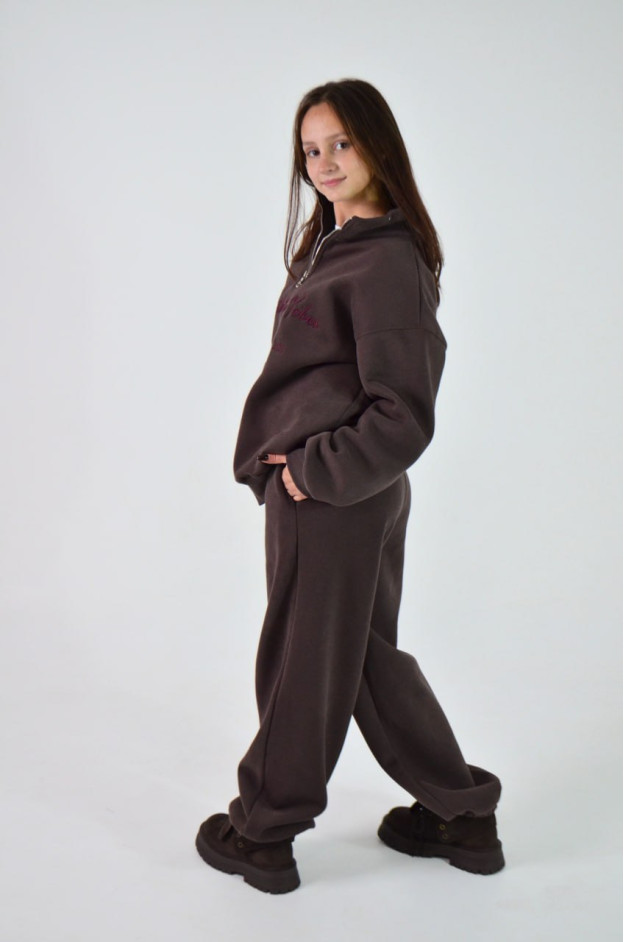 Костюм спорт для дівчинки на зиму 9366 котон/велюр шоколад/бордо Women's Club M(р) 