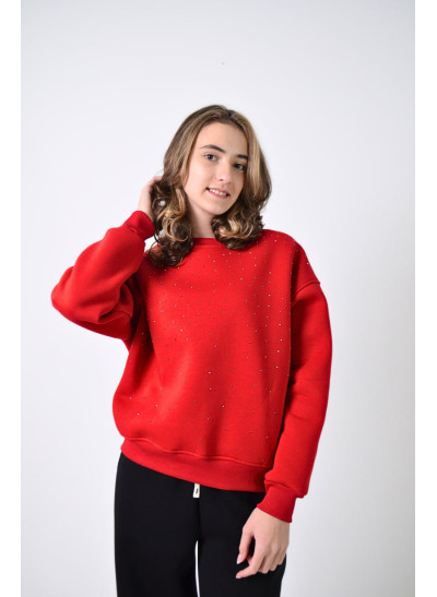 Світшот для дівчинки на зиму 998089 котон/фліс червоний укорочений із трендовими стразами 146(р)