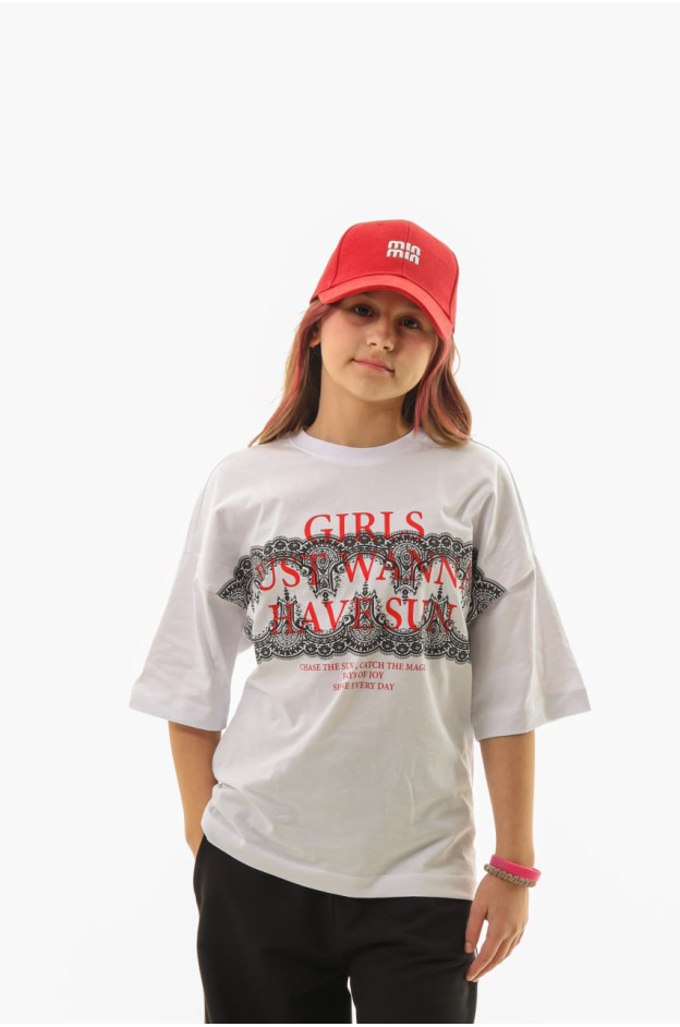 Футболка для дівчинки на літо 26SB169 котон білий Girls,принт мереживо 128(р) 