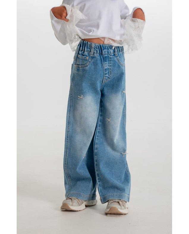 Джинси для дівчинки весна-осінь F700 котон блакитний палаццо з бантиками,стразами 125(р) 