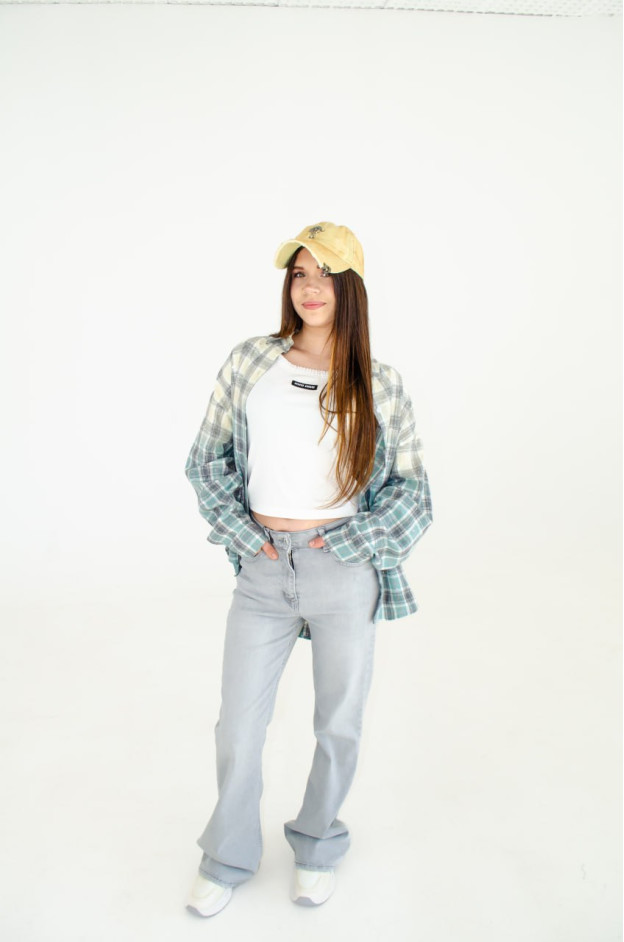 Сорочка для дівчинки весна-осінь CC16 фланель жовтий/зелений клітинка з камінчиками 120(р) 