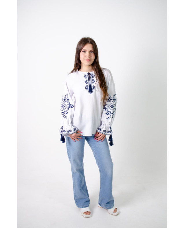 Вишиванка для дівчинки весна-осінь 5434 льон білий/синій Барвінок 134(р) 