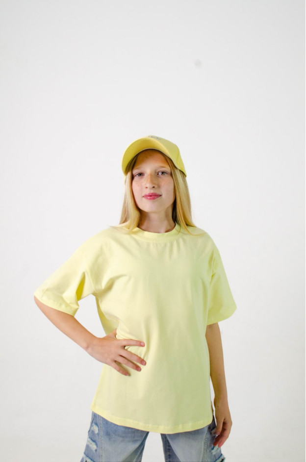 Футболка для дівчинки на літо 998148 котон жовтий база oversize 134(р) 