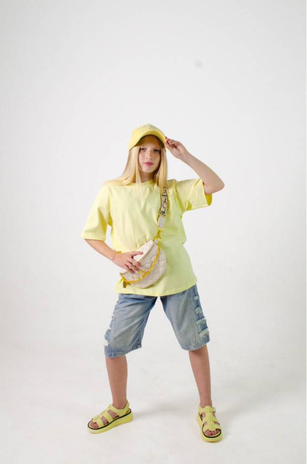 Футболка для дівчинки на літо 998148 котон жовтий база oversize 134(р) 