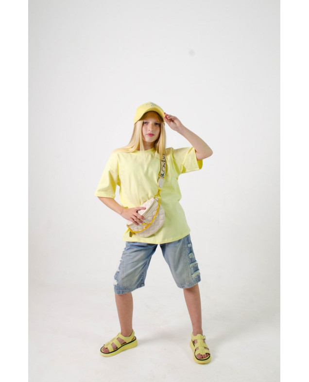 Футболка для дівчинки на літо 998148 котон жовтий база oversize 134(р) 