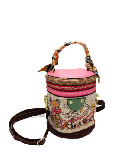 Сумка для дівчинки 619# екошкіра коричневий/рожевий 17*14*8 тубус графіті-принт