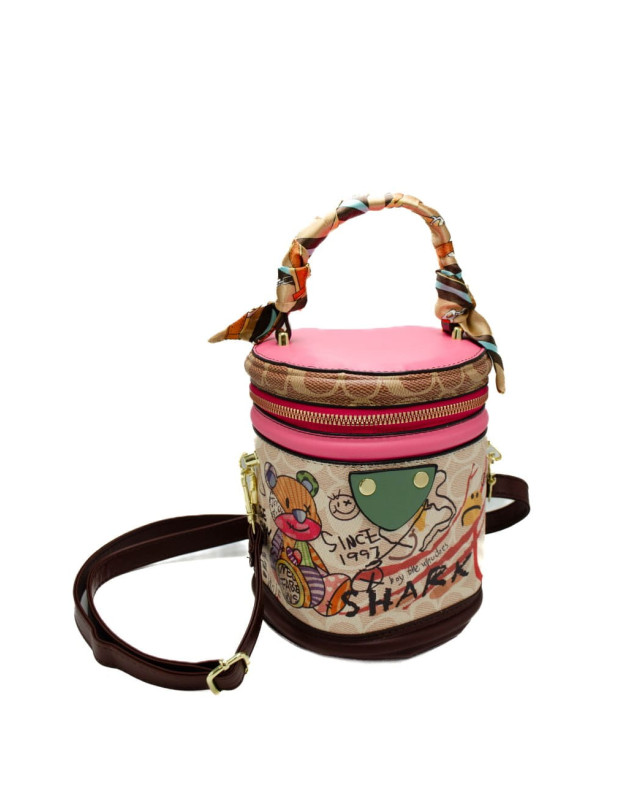 Сумка для дівчинки 619# екошкіра коричневий/рожевий 17*14*8 тубус графіті-принт
