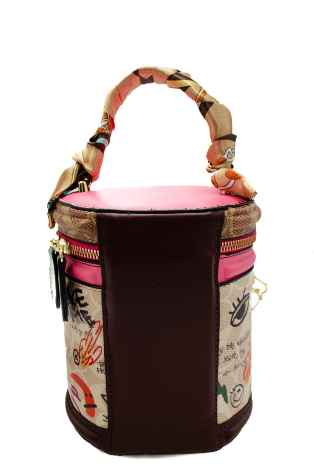 Сумка для дівчинки 619# екошкіра коричневий/рожевий 17*14*8 тубус графіті-принт