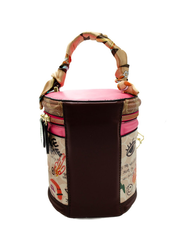 Сумка для дівчинки 619# екошкіра коричневий/рожевий 17*14*8 тубус графіті-принт