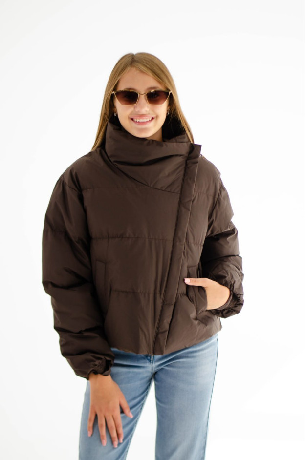 Куртка для дівчинки весна-осінь 2768# плащова тканина/синтепон шоколад асиметричний комір-стійка M(р) 
