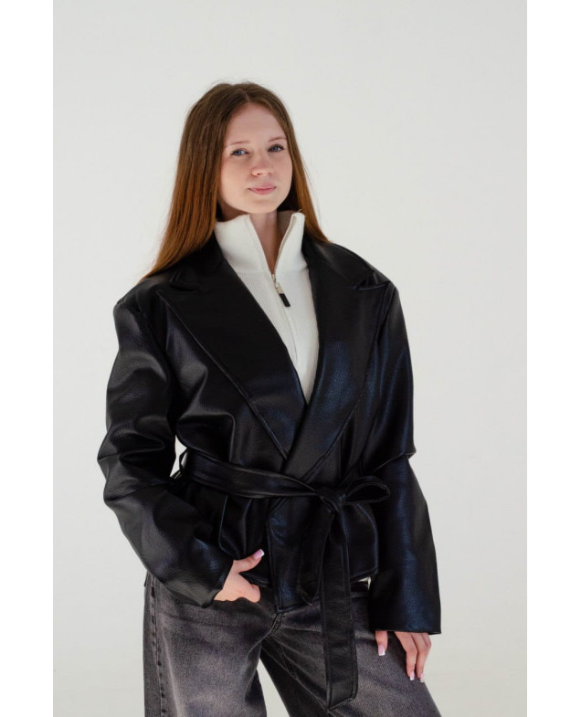 Куртка для дівчинки весна-осінь AW26-Y098 екошкіра чорний база укорочена під пояс S(р) 