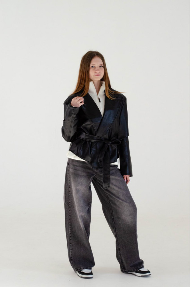 Куртка для дівчинки весна-осінь AW26-Y098 екошкіра чорний база укорочена під пояс S(р) 