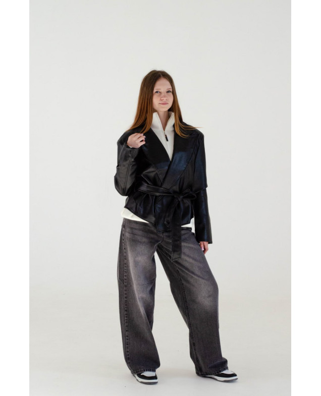 Куртка для дівчинки весна-осінь AW26-Y098 екошкіра чорний база укорочена під пояс S(р) 