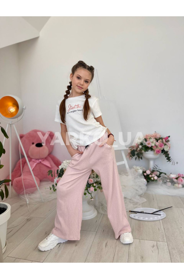 Брюки Viollen для дівчат на літо 1181 з котону жатка рожевий Original 140(р)